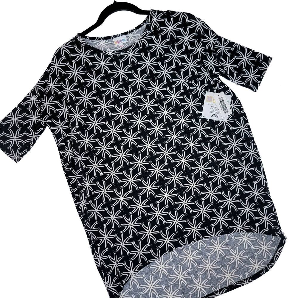 LuLaRoe Irma Tunic XXS Black White Geometric Floral Dolman Top High Low Hem